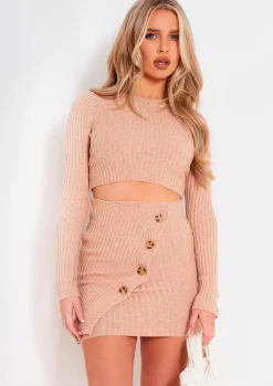 Mira Beige Rib Knit Long Sleeve Crop Top^Missy Empire Cheap