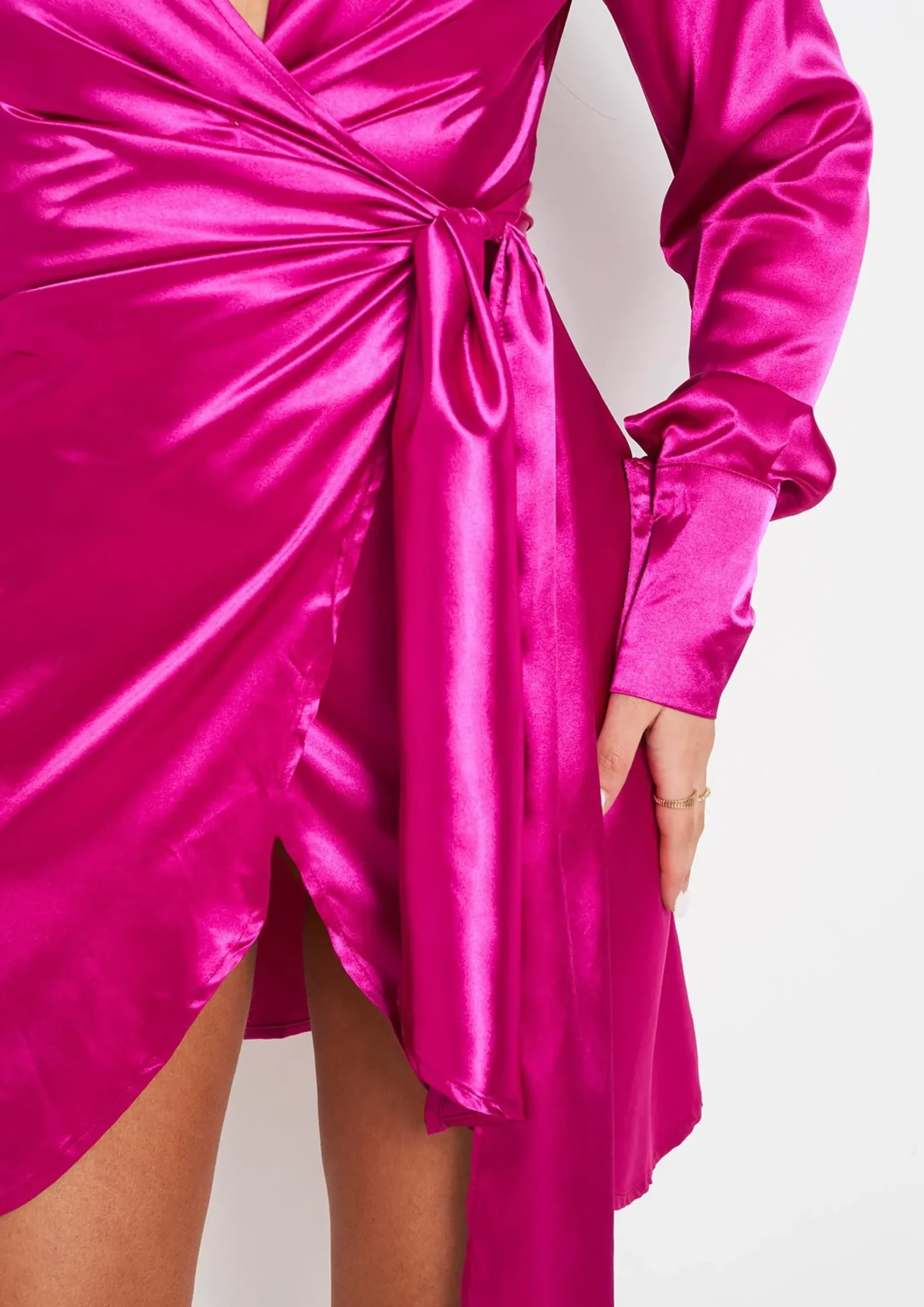 Store Mira Pink Satin Tie Waist Wrap Plunge Mini Dress Women Dresses