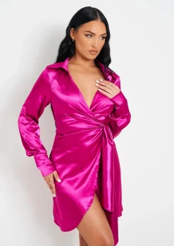 Store Mira Pink Satin Tie Waist Wrap Plunge Mini Dress Women Dresses