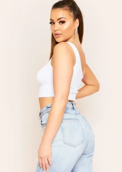 Fashion Mira White Basic One Shoulder Crop Top Women Basics