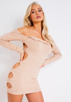 Shop Mya Beige Knitted Bardot Cut Out Mini Dress Women Dresses