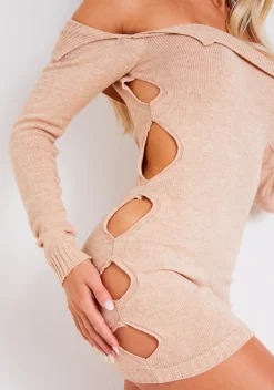 Shop Mya Beige Knitted Bardot Cut Out Mini Dress Women Dresses