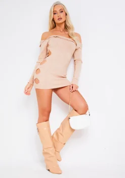 Shop Mya Beige Knitted Bardot Cut Out Mini Dress Women Dresses