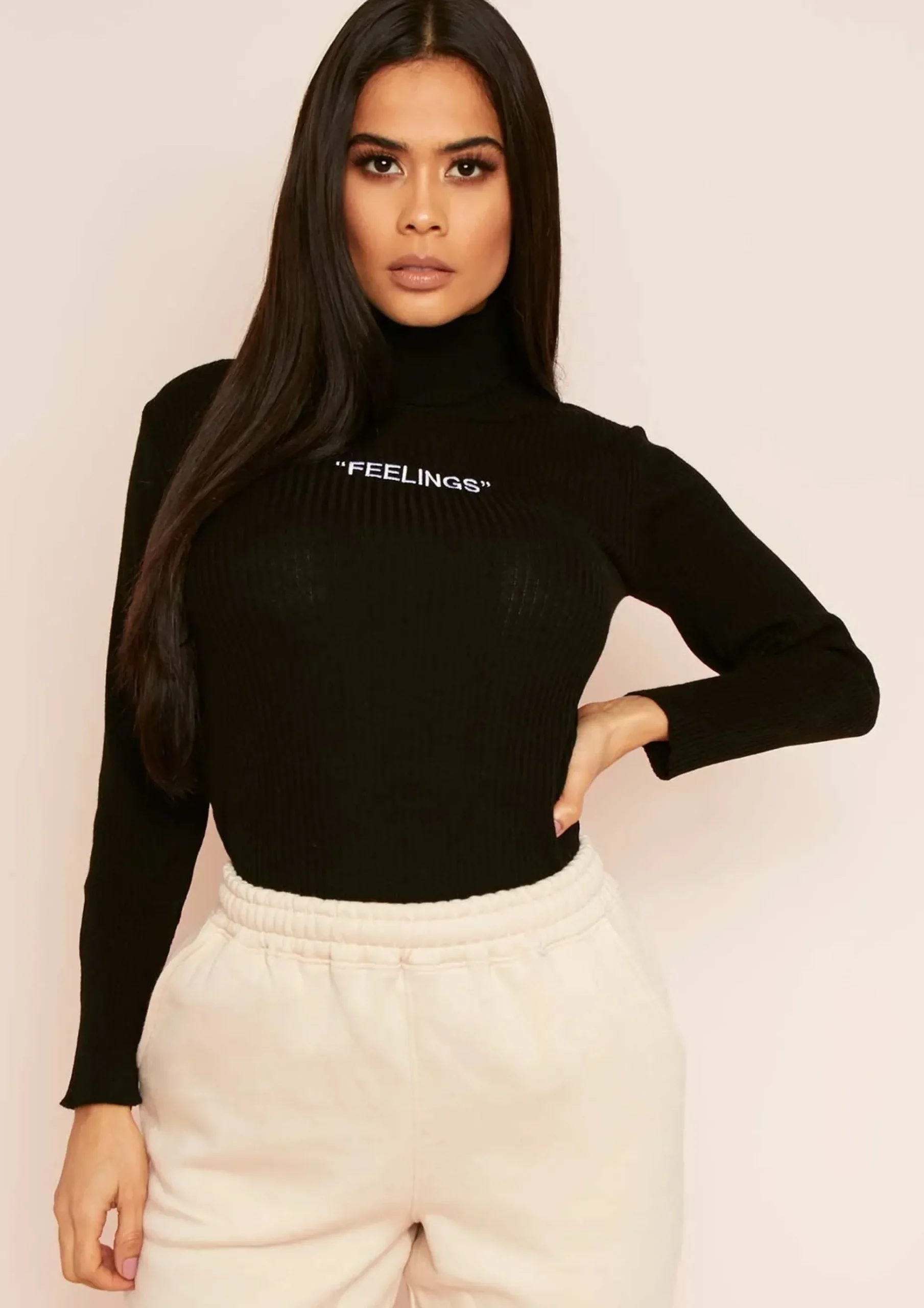 Mya Black Feelings Slogan Roll Neck Top^Missy Empire New