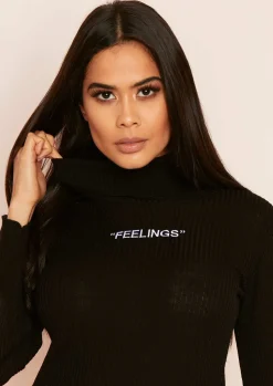 Mya Black Feelings Slogan Roll Neck Top^Missy Empire New