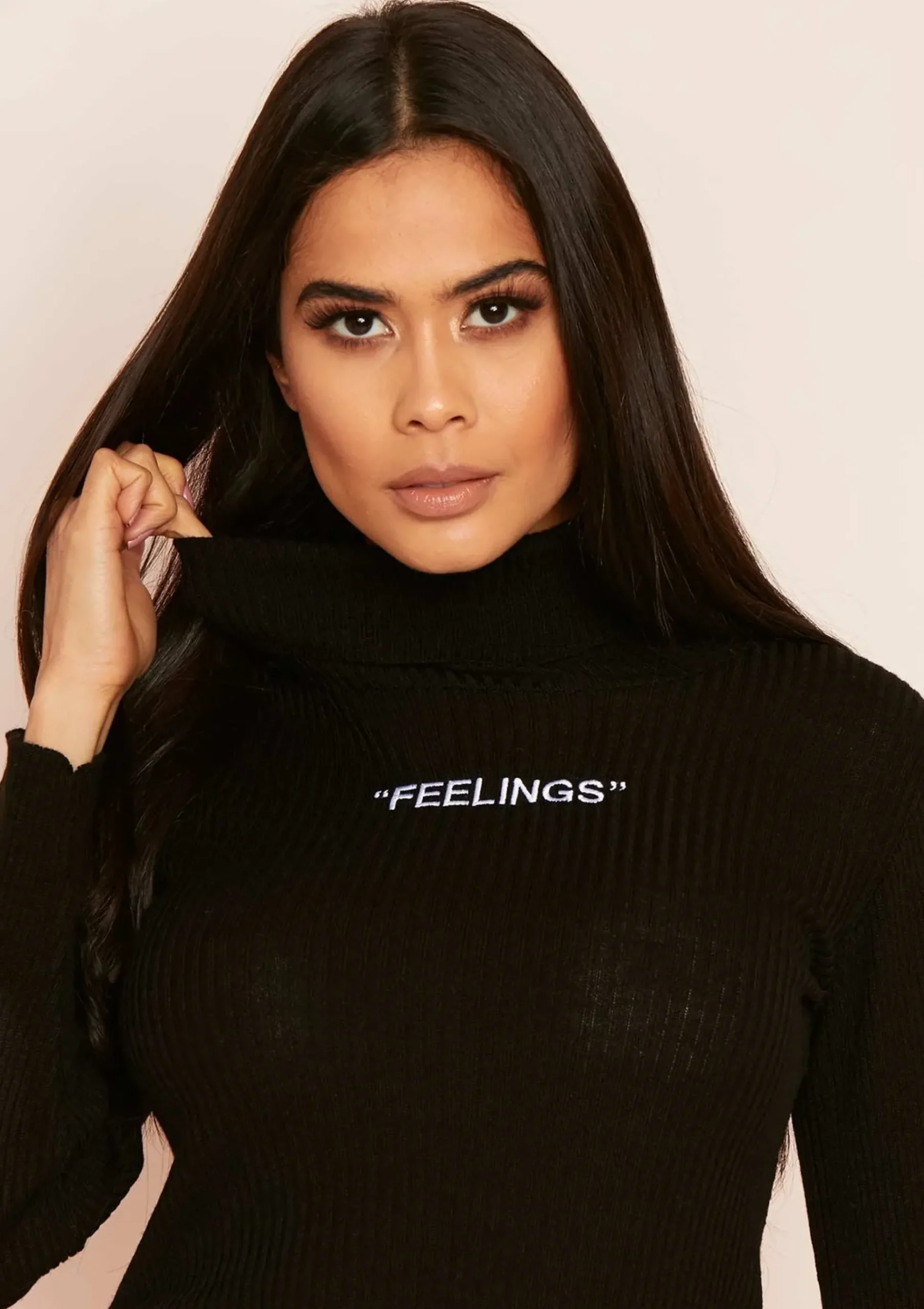Mya Black Feelings Slogan Roll Neck Top^Missy Empire New