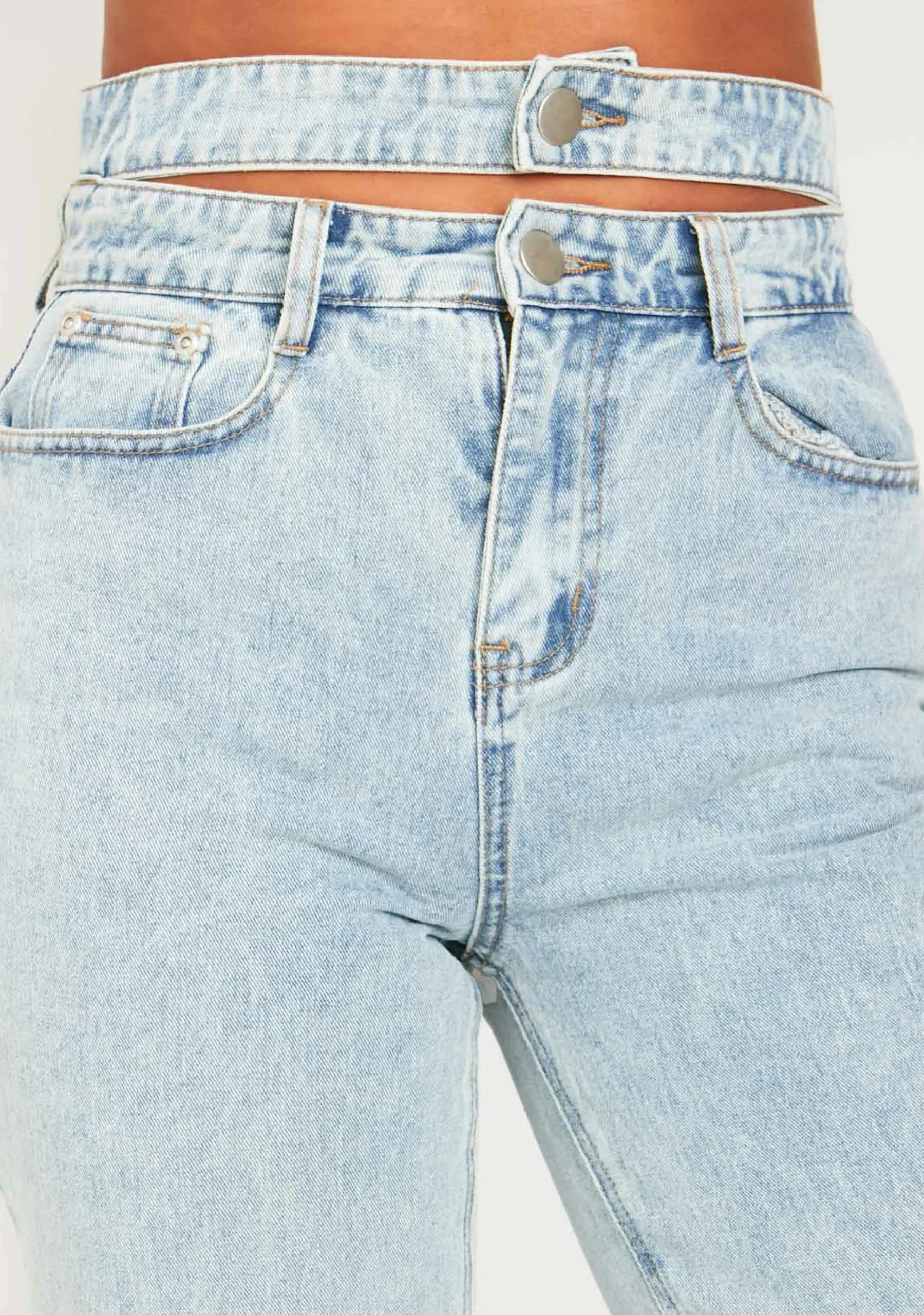Mya Mid Wash Denim Double Waistband Straight Leg Jeans^Missy Empire Cheap