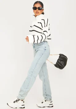 Mya Mid Wash Denim Double Waistband Straight Leg Jeans^Missy Empire Cheap