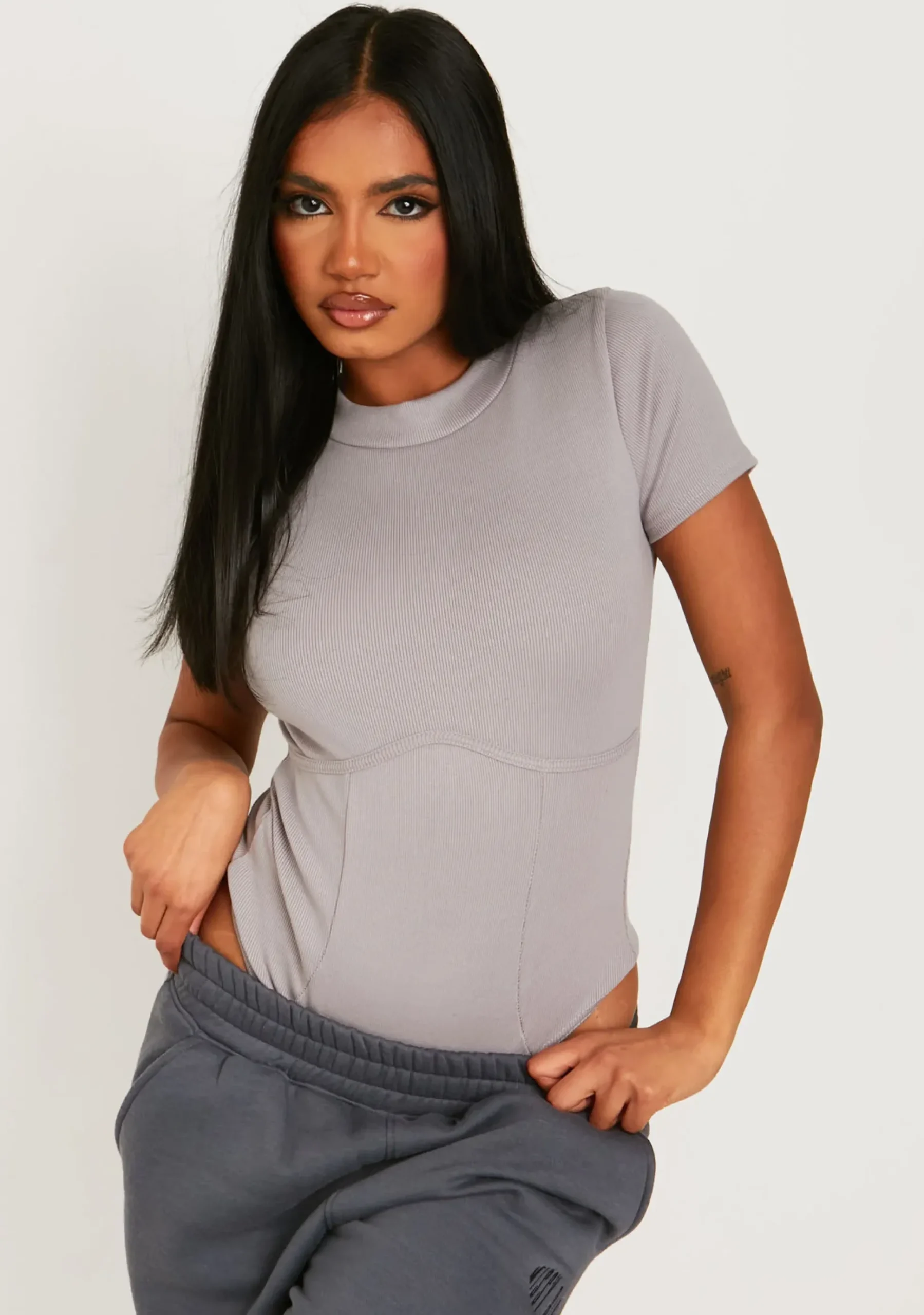 Naiya Grey Ribbed Structured Bodysuit^Missy Empire New
