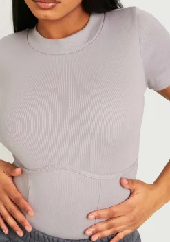 Naiya Grey Ribbed Structured Bodysuit^Missy Empire New