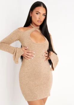 Clearance Nala Beige Knitted Halter Neck Cut Out Mini Dress Women Dresses