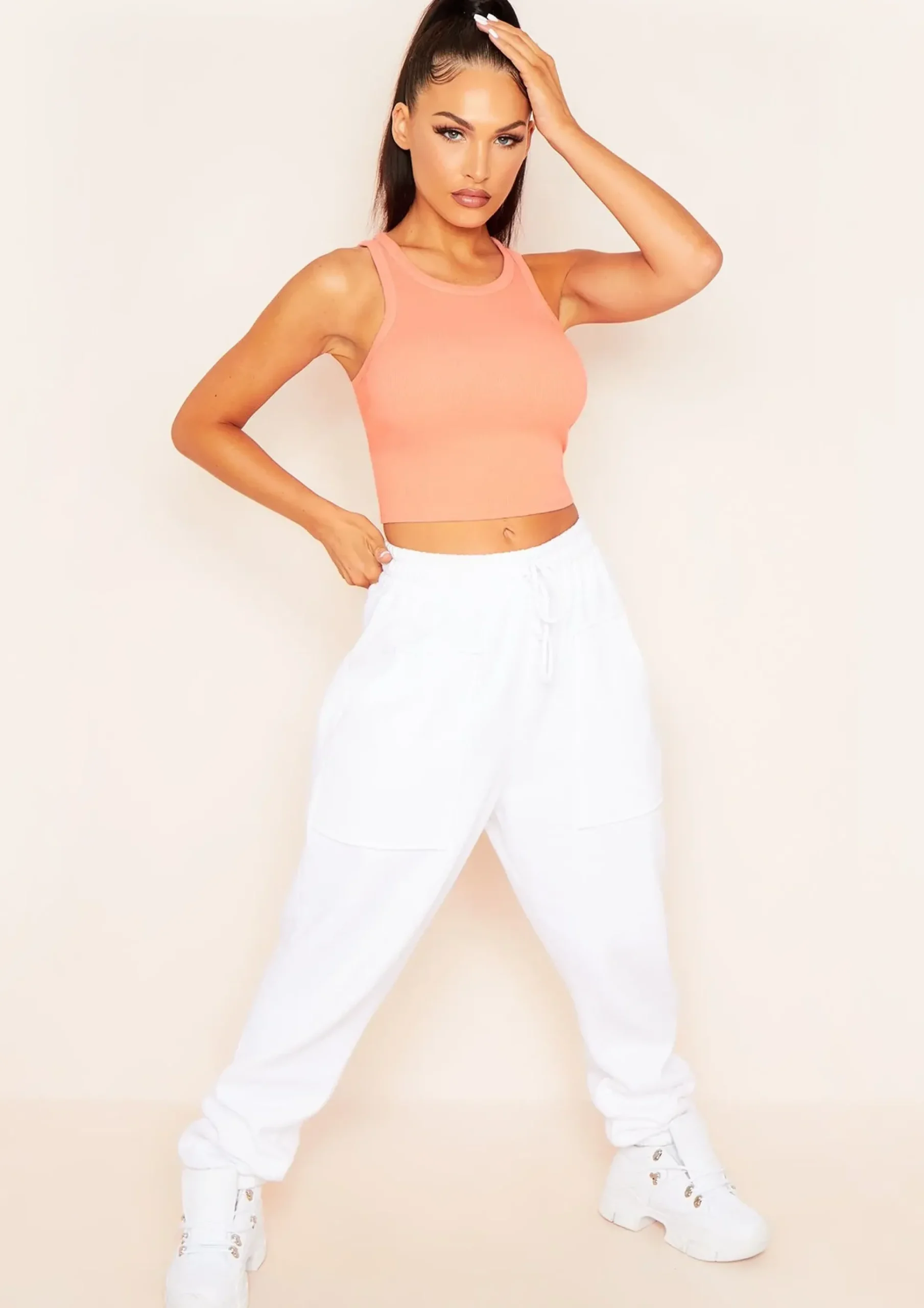 Naomi Peach Ribbed Racer Crop Top^Missy Empire Fashion