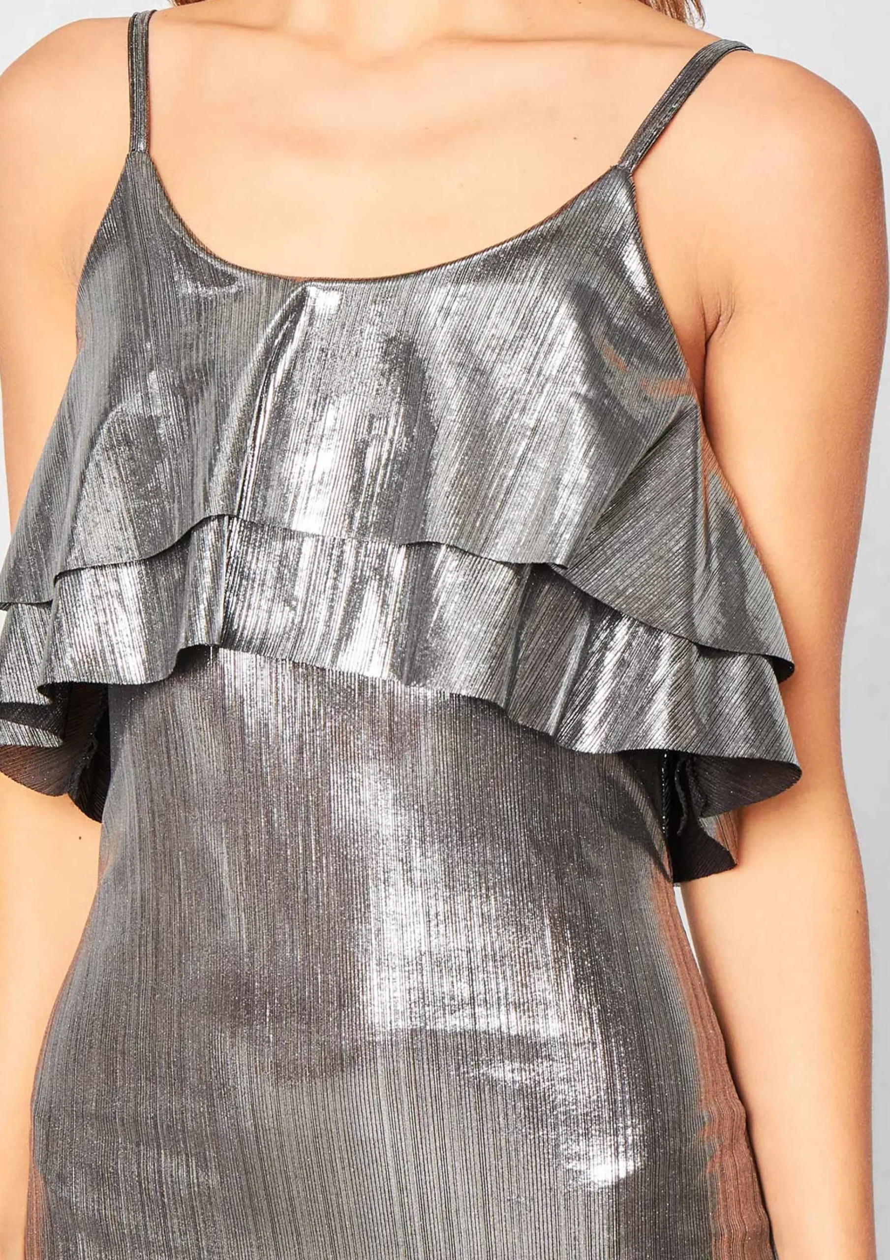 Fashion Narella Silver Metallic Frill Midi Dress Women Dresses