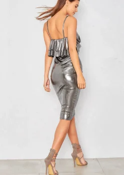 Fashion Narella Silver Metallic Frill Midi Dress Women Dresses
