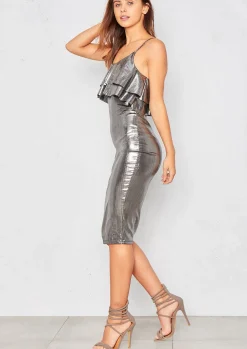 Fashion Narella Silver Metallic Frill Midi Dress Women Dresses