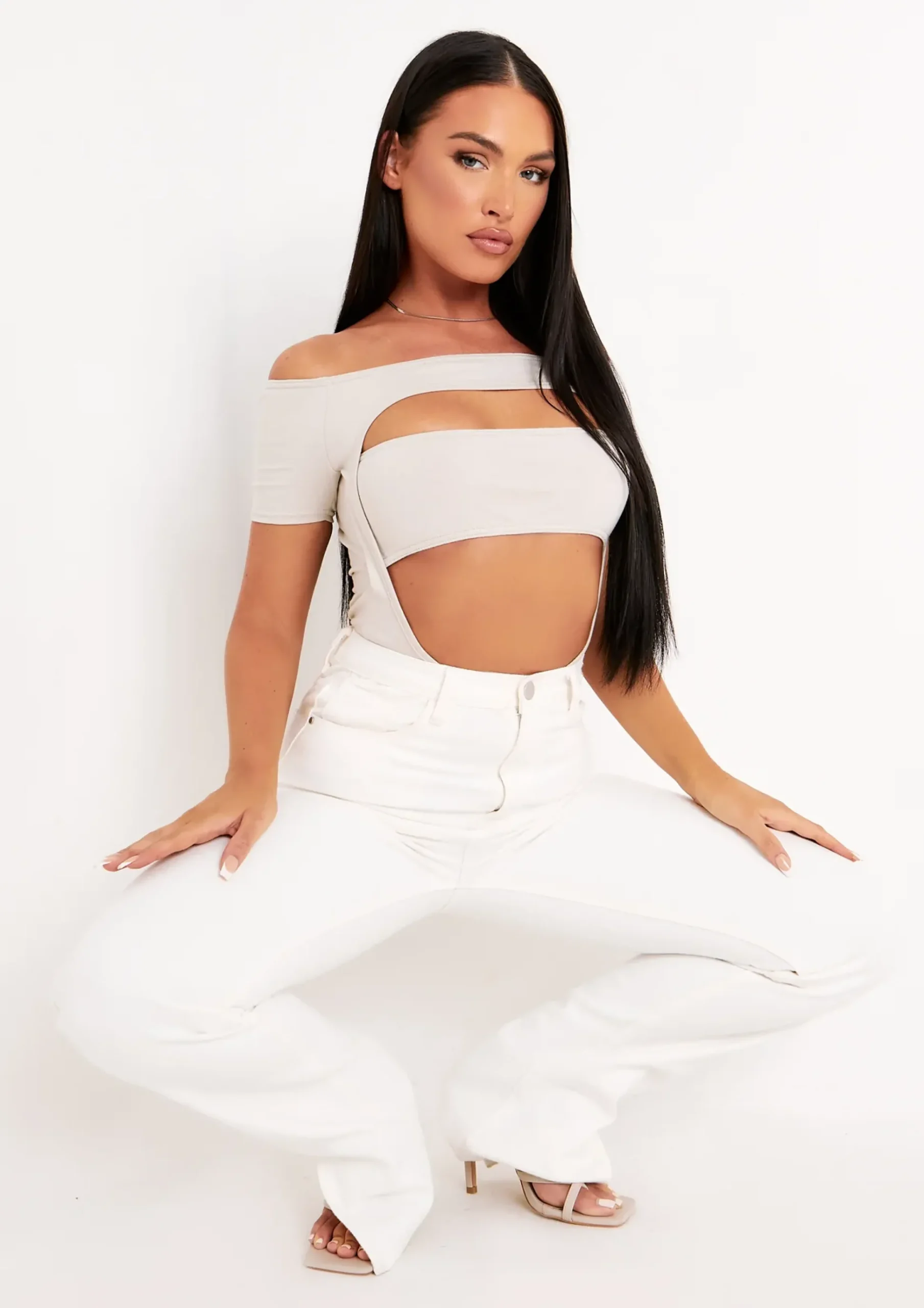 Natalia Beige Bandeau Cut Out Off Bodysuit^Missy Empire Flash Sale