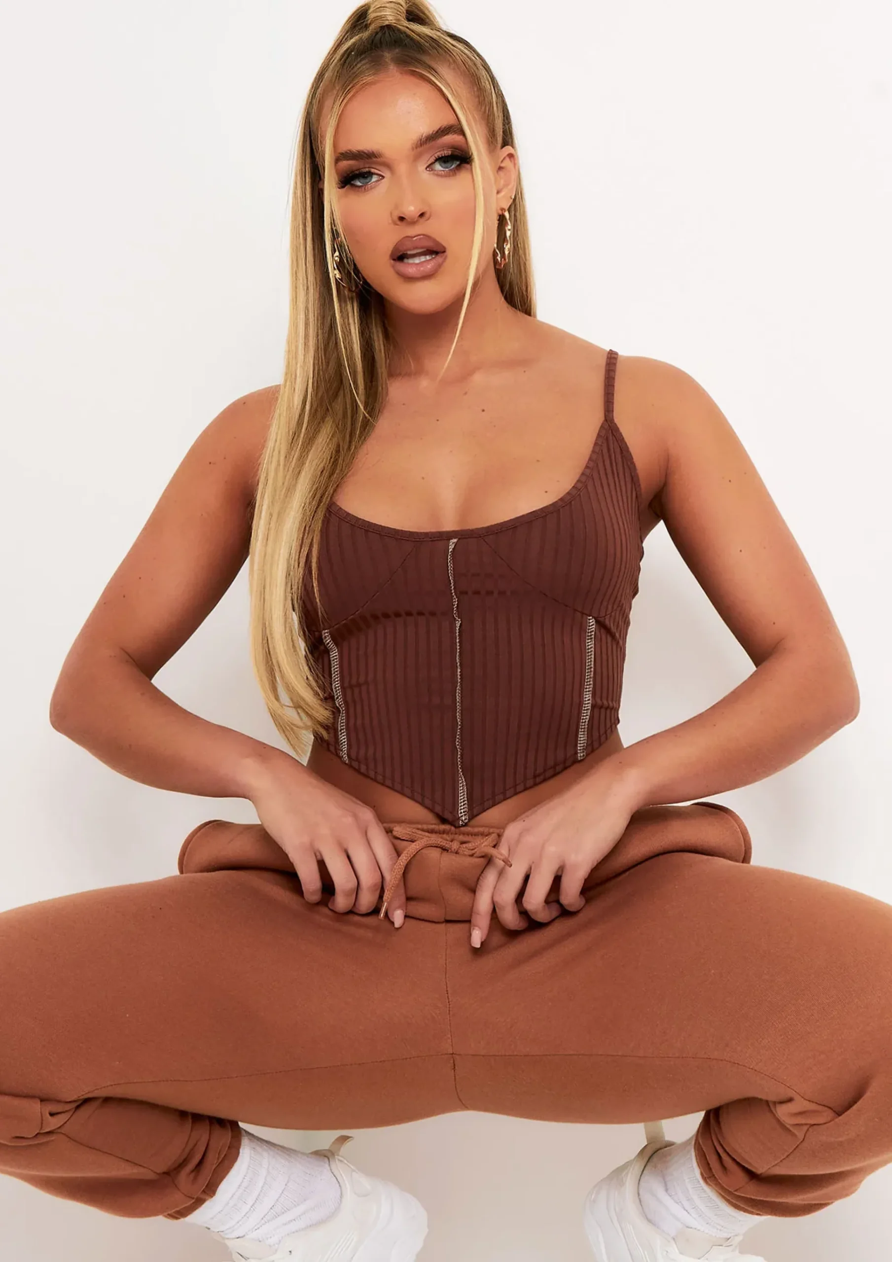 Natalya Chocolate Rib Contrast Stitch Corset Top^Missy Empire Best Sale