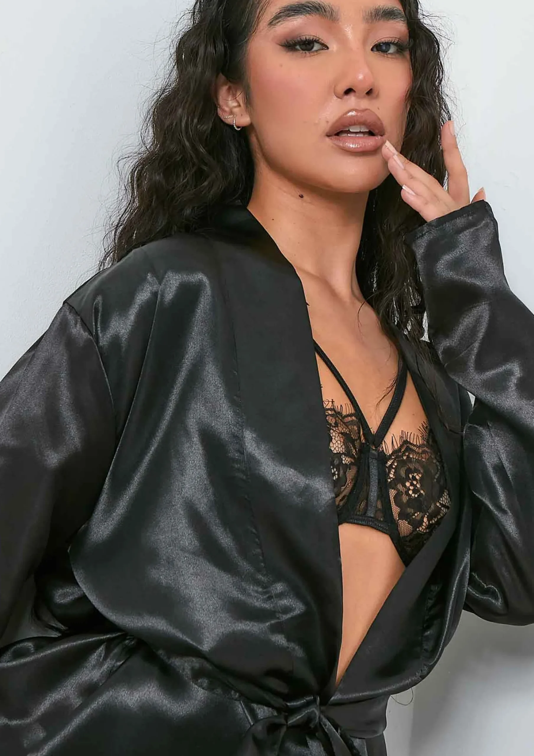 Hot Neelam Black Satin Tie Waist Dressing Gown Women Nightwear