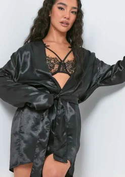 Hot Neelam Black Satin Tie Waist Dressing Gown Women Nightwear