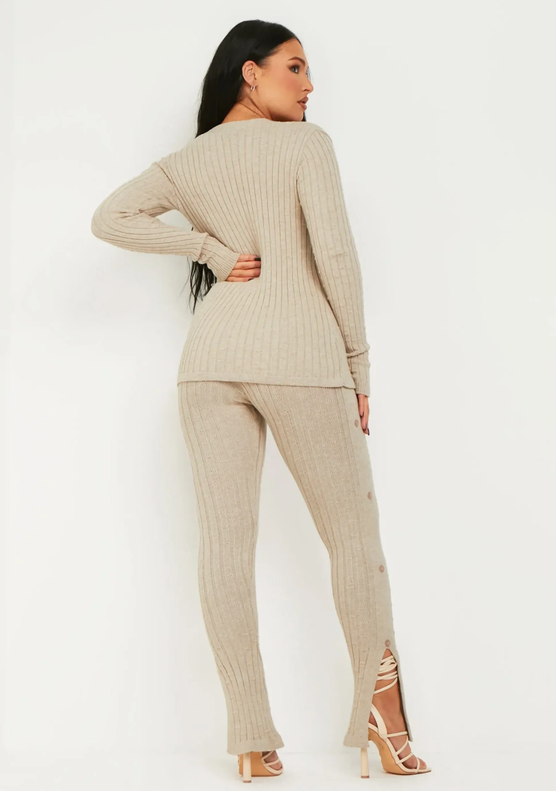 Hot Nelly Oatmeal Rib Knit Button Up Pants Women Leggings