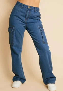 Nessa Mid Wash Denim Cargo Straight Leg Jeans^Missy Empire Clearance