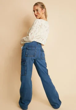 Nessa Mid Wash Denim Cargo Straight Leg Jeans^Missy Empire Clearance