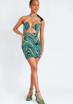 Discount Nicola Green Printed Halter Neck Cut Out Mini Dress Women Dresses