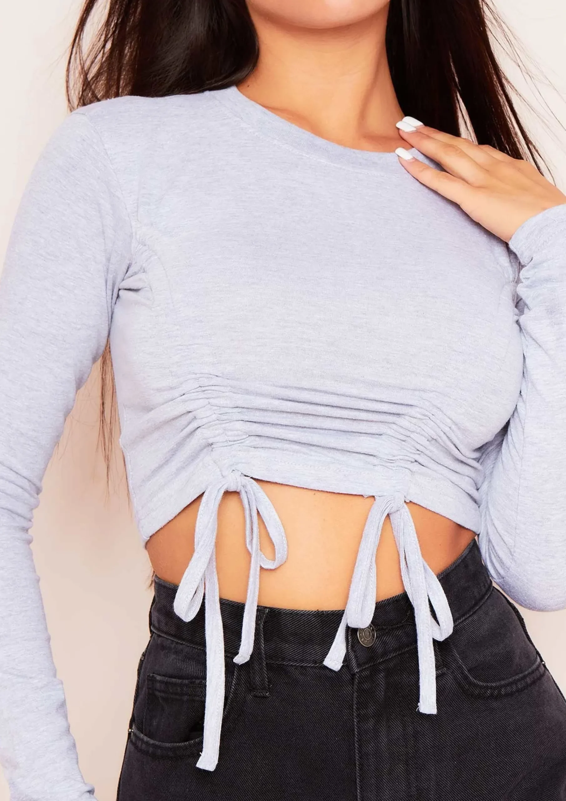 Nina Grey Ruched Front Long Sleeve Crop Top^Missy Empire Best Sale
