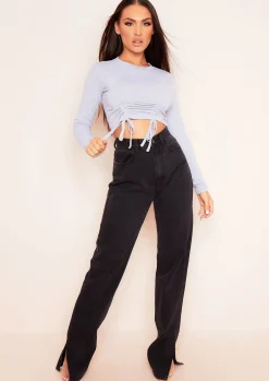 Nina Grey Ruched Front Long Sleeve Crop Top^Missy Empire Best Sale