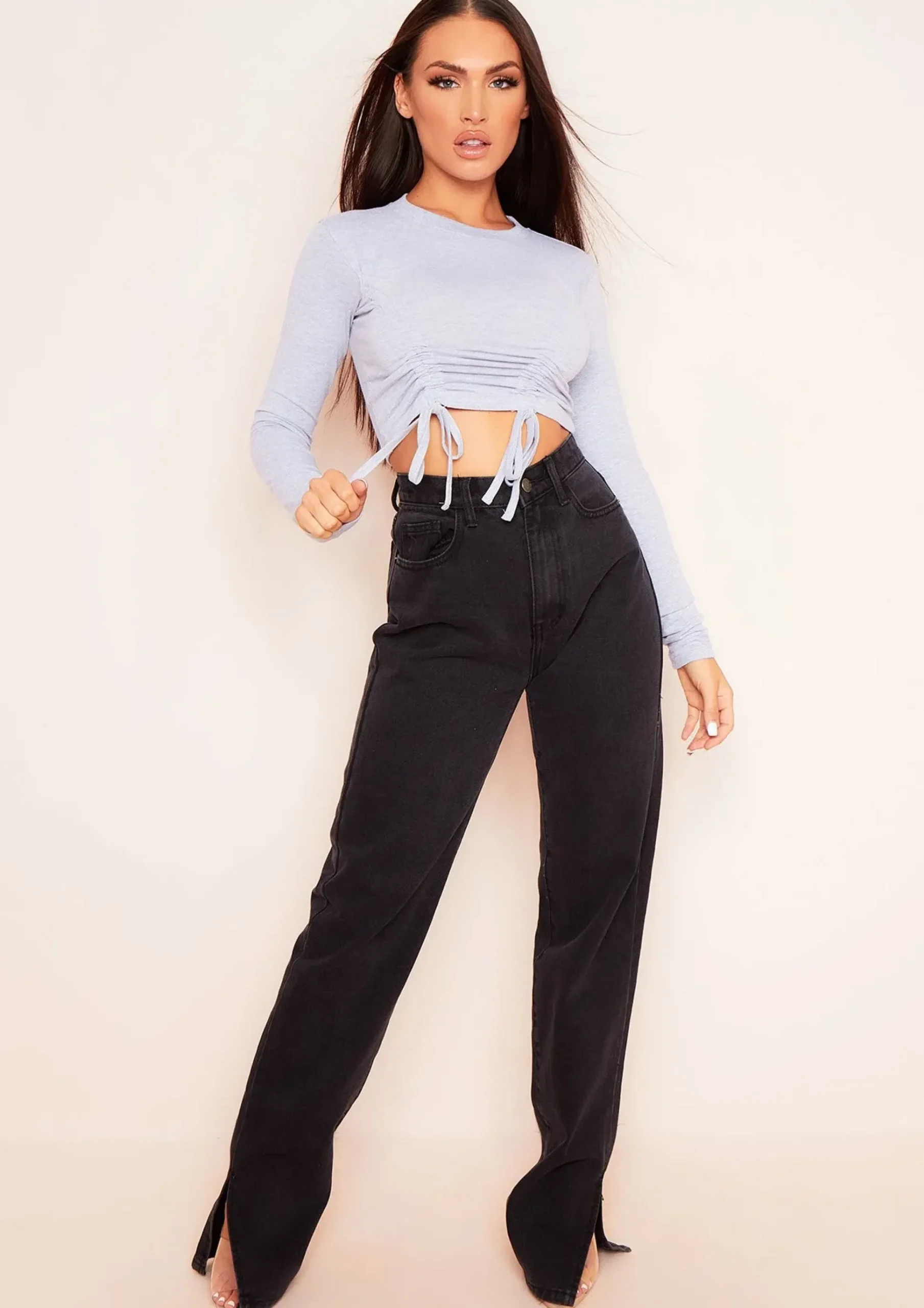 Nina Grey Ruched Front Long Sleeve Crop Top^Missy Empire Best Sale