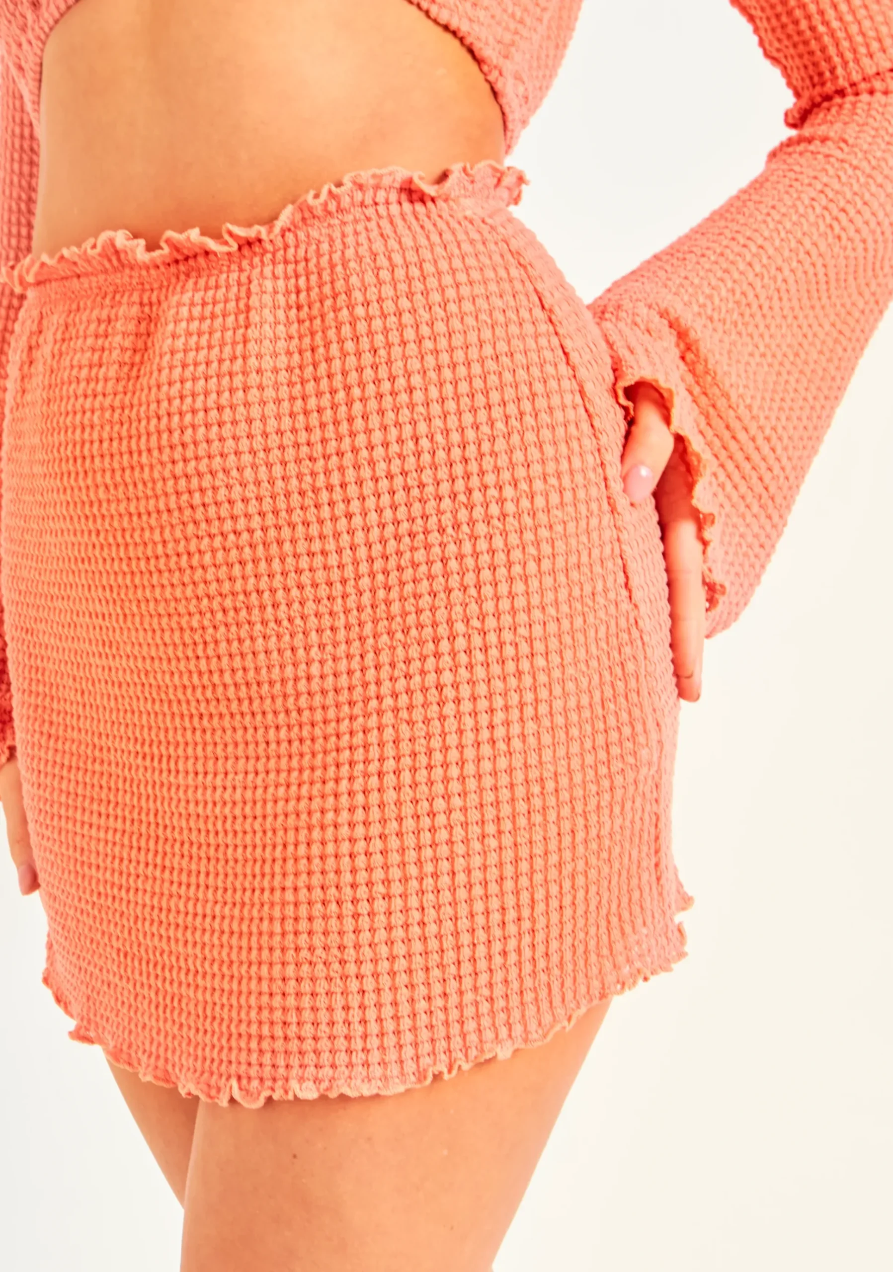 Nina Peach Waffle Lettuce Hem Mini Skirt^Missy Empire Discount