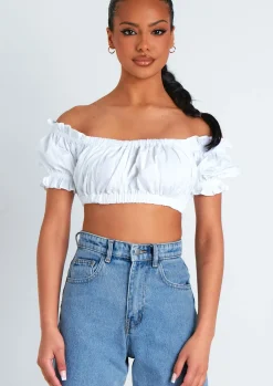 Nola Ivory Ruched Bardot Crop Top^Missy Empire Best Sale
