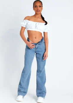 Nola Ivory Ruched Bardot Crop Top^Missy Empire Best Sale