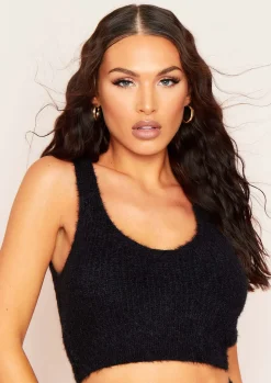 Norah Black Thick Fluffy Knit Plunge Crop Top^Missy Empire Best