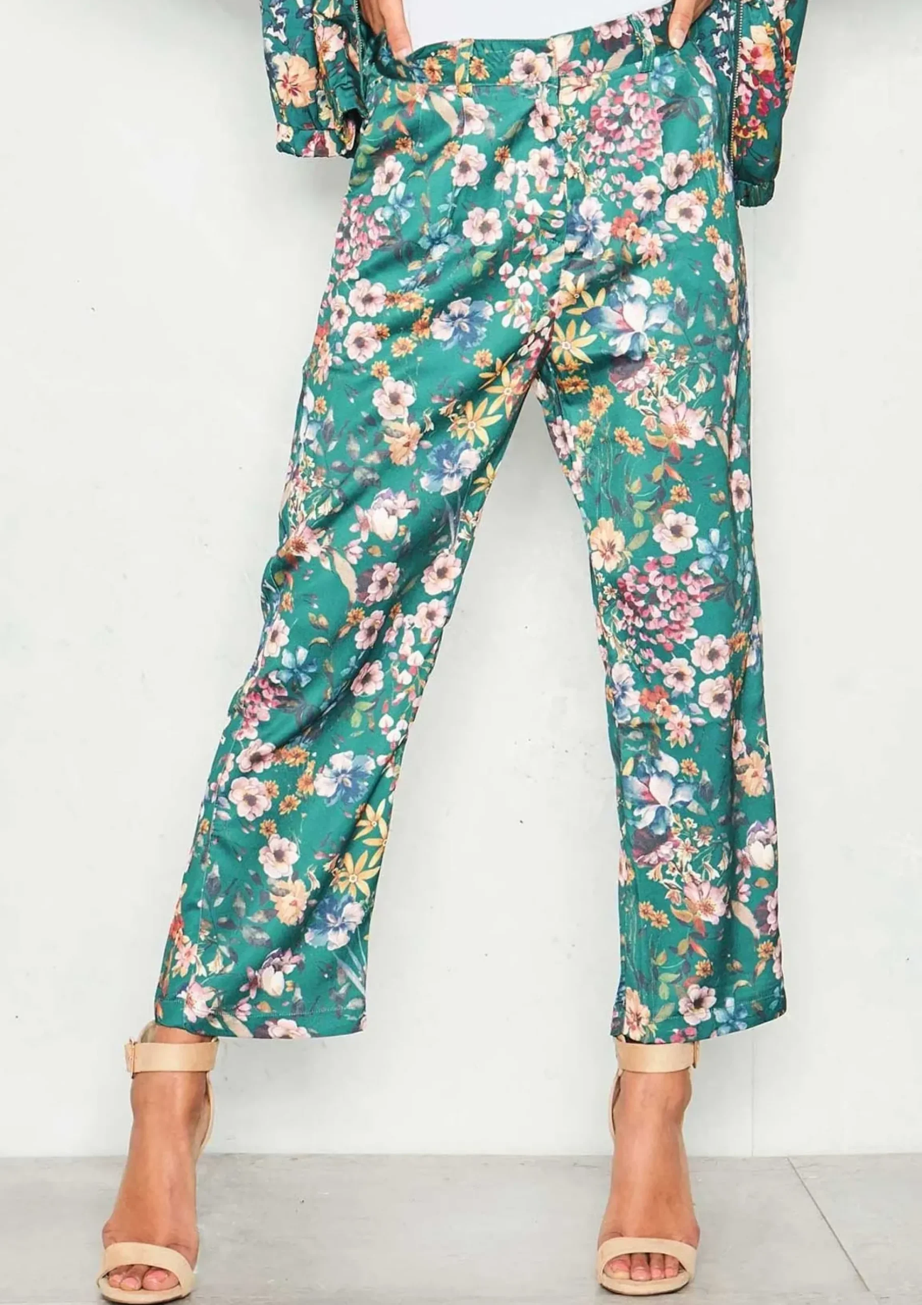 Store Nova Green Satin Floral Trousers Women Trousers