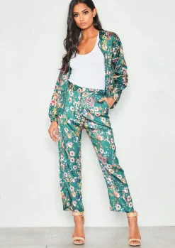 Store Nova Green Satin Floral Trousers Women Trousers