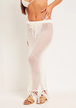 Nyra White Knitted Tassel Hem Maxi Skirt^Missy Empire New