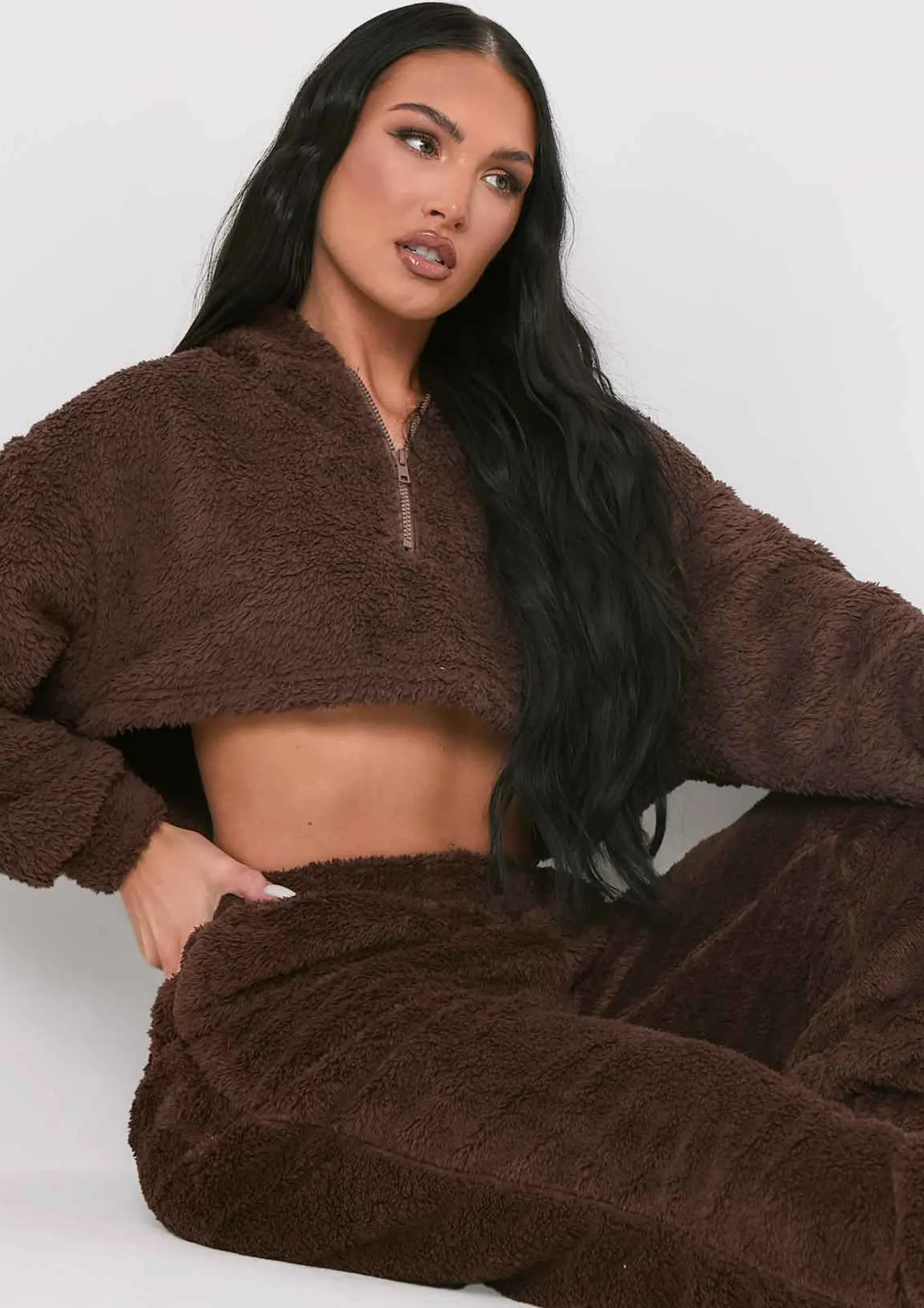 Sale Olivia Chocolate Fluffy Teddy Borg Cropped Zip Up Hoodie Women Nightwear