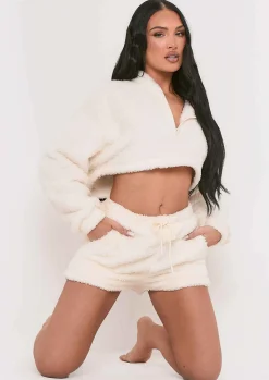 Store Olivia Cream Fluffy Teddy Borg Cropped Zip Up Hoodie Women Nightwear