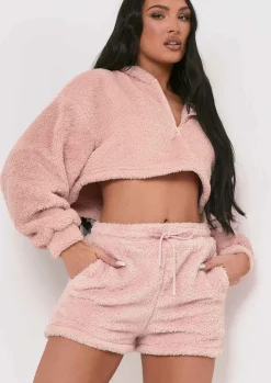 Sale Olivia Pink Fluffy Teddy Borg Cropped Zip Up Hoodie Women Nightwear