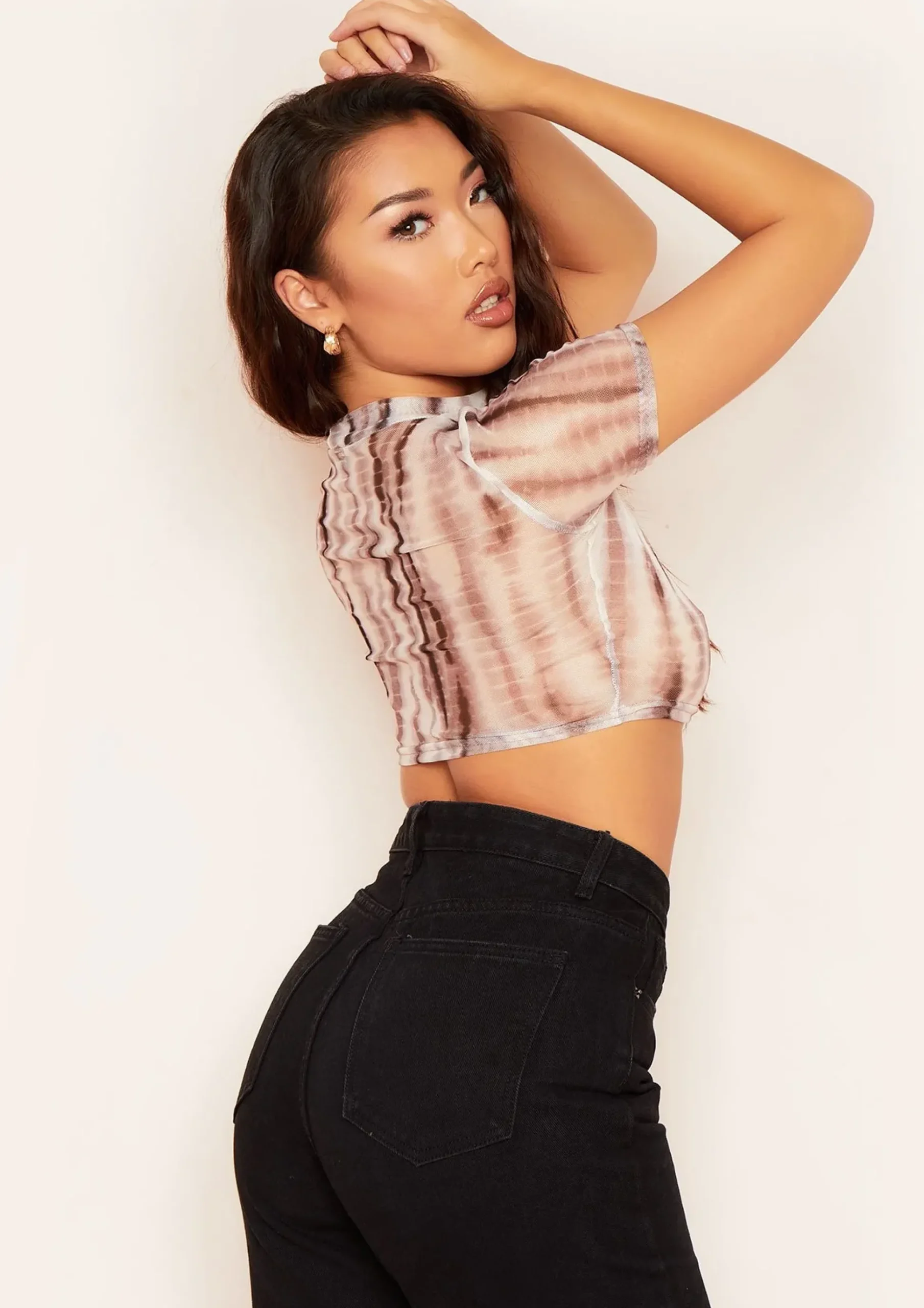 Olivia Brown Tye Dye Print Highneck Mesh Crop Top^Missy Empire Fashion