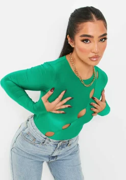 Olivia Green Double Layer Slinky Cut Out Long Sleeve Bodysuit^Missy Empire Cheap