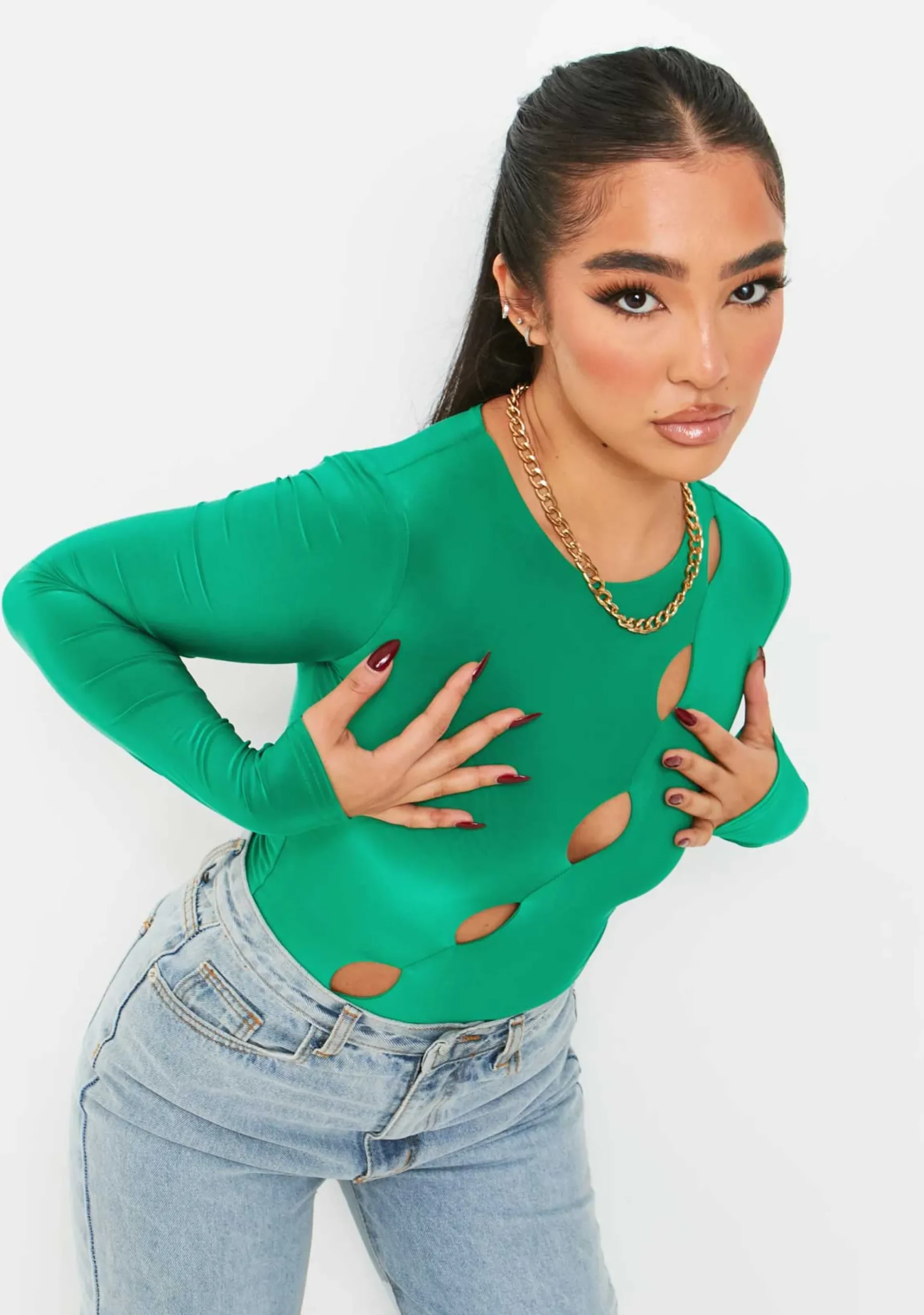 Olivia Green Double Layer Slinky Cut Out Long Sleeve Bodysuit^Missy Empire Cheap