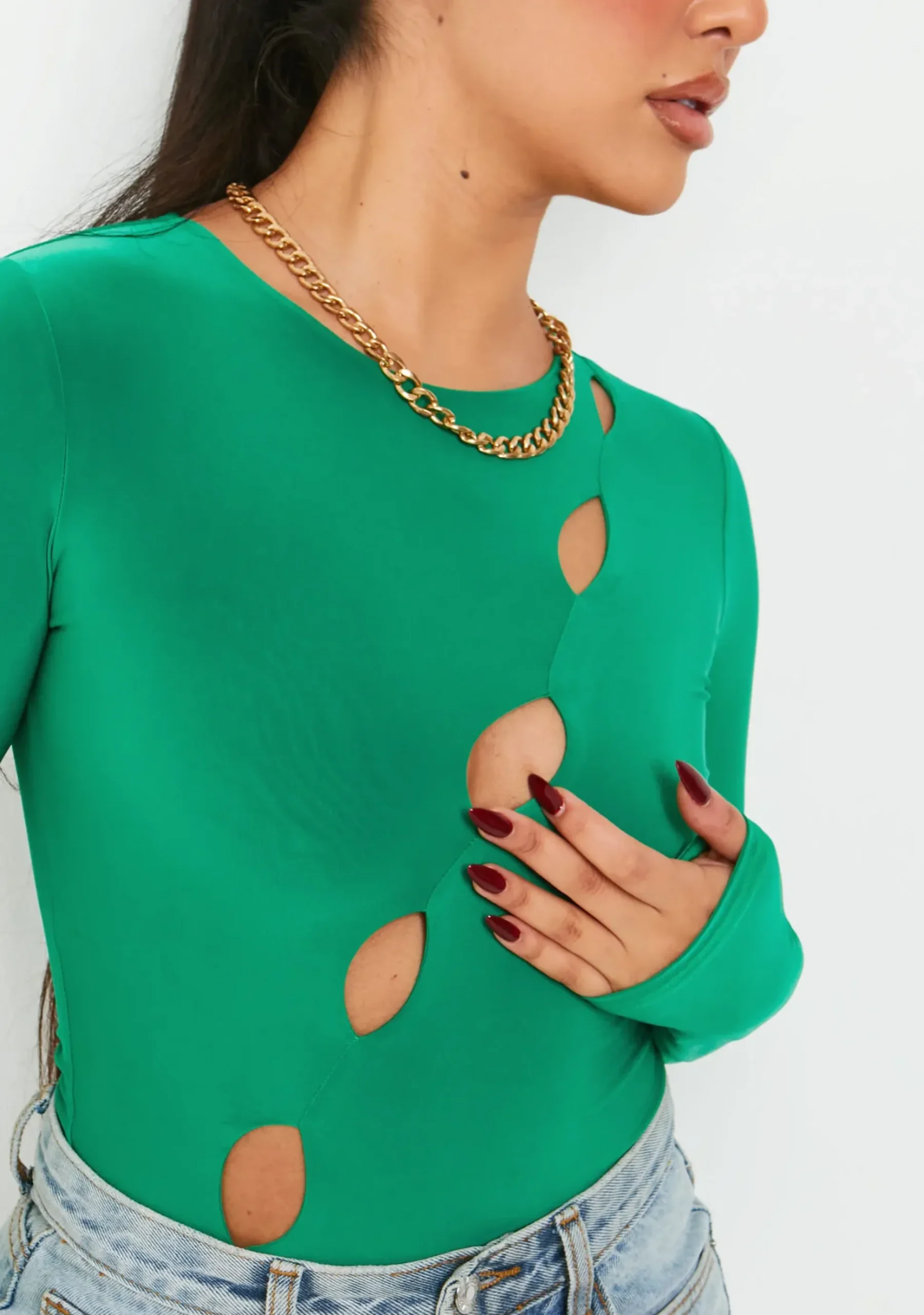 Olivia Green Double Layer Slinky Cut Out Long Sleeve Bodysuit^Missy Empire Cheap
