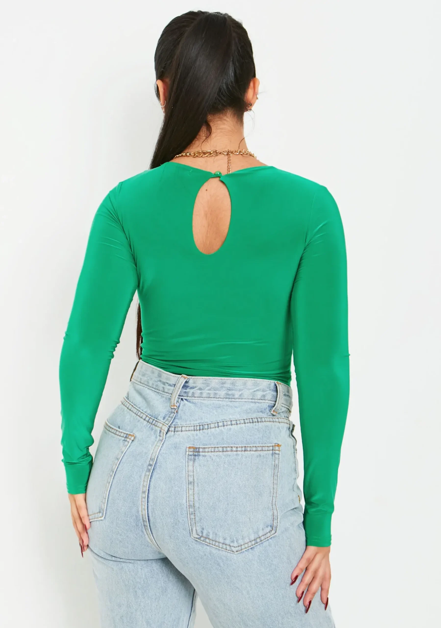 Olivia Green Double Layer Slinky Cut Out Long Sleeve Bodysuit^Missy Empire Cheap