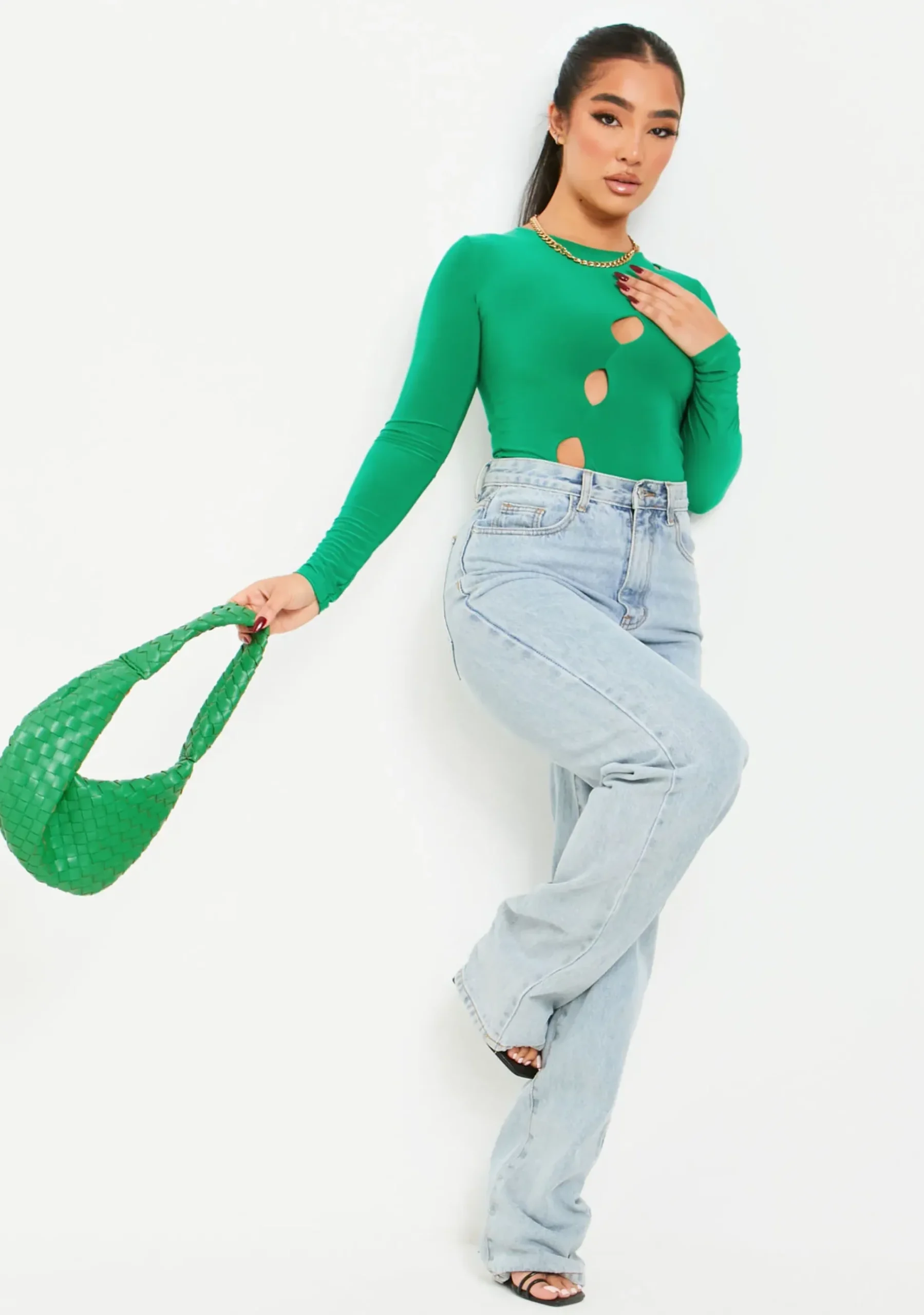 Olivia Green Double Layer Slinky Cut Out Long Sleeve Bodysuit^Missy Empire Cheap