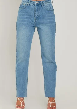 Olivia Mid Wash Blue Raw Hem Denim Mom Jeans^Missy Empire Clearance