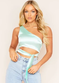 Ovidia Mint One Shoulder Satin Crop Top^Missy Empire Best