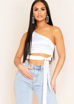 Ovidia White One Shoulder Satin Crop Top^Missy Empire Fashion