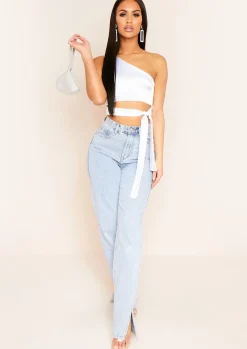 Ovidia White One Shoulder Satin Crop Top^Missy Empire Fashion